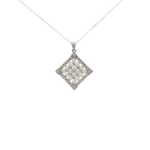 Plat 1960's .32ct Dia 3-3.5mm Pearl Square Necklace 18" 29x23mm