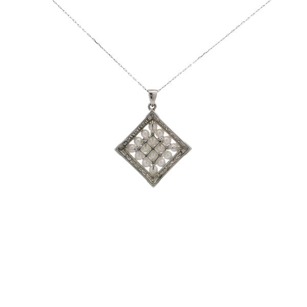Platinum 1960's .32ct Diamond 3-3.5mm Pearl Square Necklace 18" 29x23mm