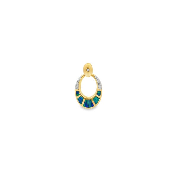 14K Yellow Gold Estate Opal Inlay .06ct Diamond Oval Pendant 27x16