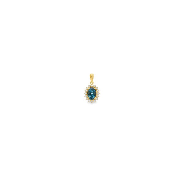 10K Yellow Gold .65ct Oval London Blue Topaz .22ct Diamond Halo Pendant 16x9mm