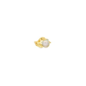 14KY 1970's .02ct Dia 7.5mm Silver Freshwater Pearl Leaf Pattern Ring Sz 6.75