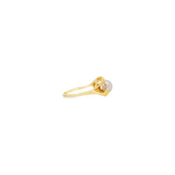 14K Yellow Gold 1970's .02ct Diamond 7.5mm Silver Freshwater Pearl Leaf Pattern Ring Size 6.75