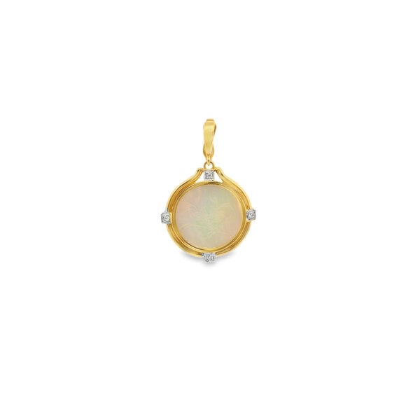 14K Yellow Gold Estate Carved Floral Mother of Pearl .02ct Diamond Disc Pendant with Enhancer Bail