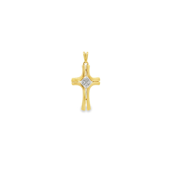 14K Yellow Gold Estate 37x18mm .07ct Diamond Split Setting Cross Pendant