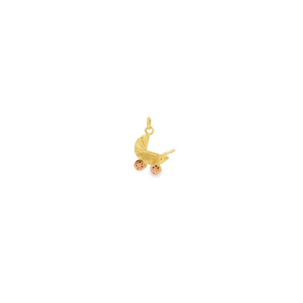 14K Yellow Gold Estate 14x11mm 3-D Baby Carriage with  Moving Wheels Charm