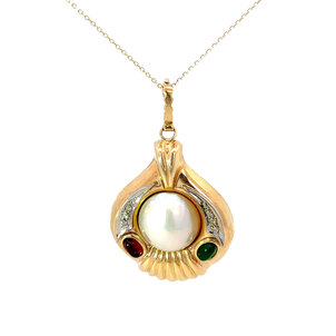 14KY Estate.06ct Dia  Mabe Pearl, Emerald & Ruby Necklace 18"
