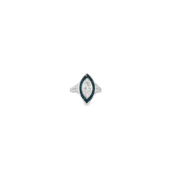 14K White Gold 1.14ct Marquise Lab Diamond 1.65ct Sapphire Art Deco Inspired Ring Sz 6.5