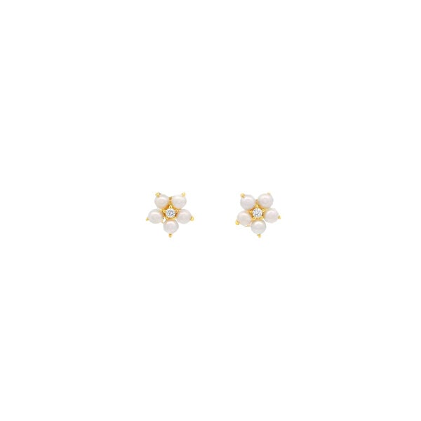 14K Yellow Gold .08ct Diamond 4-4.5mm Freshwater Pearl Flower Post Earrings