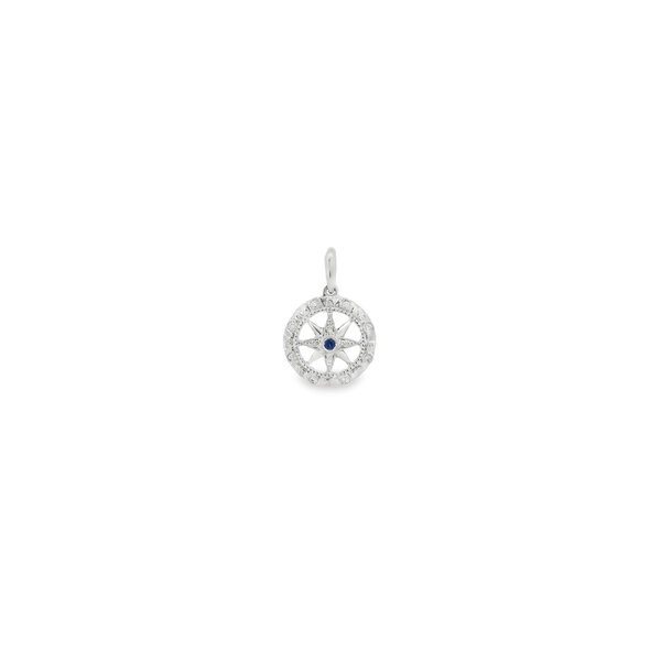 14K White Gold Sapphire & Diamond Compass Rose Small Pendant