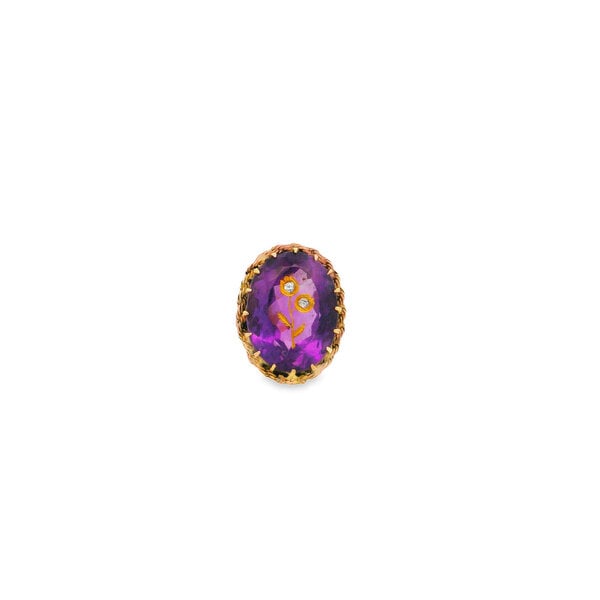 14K Yellow Gold Victorian Rose of Sharon 18ct Oval Amethyst .04ct Diamond Ring Size 6.5