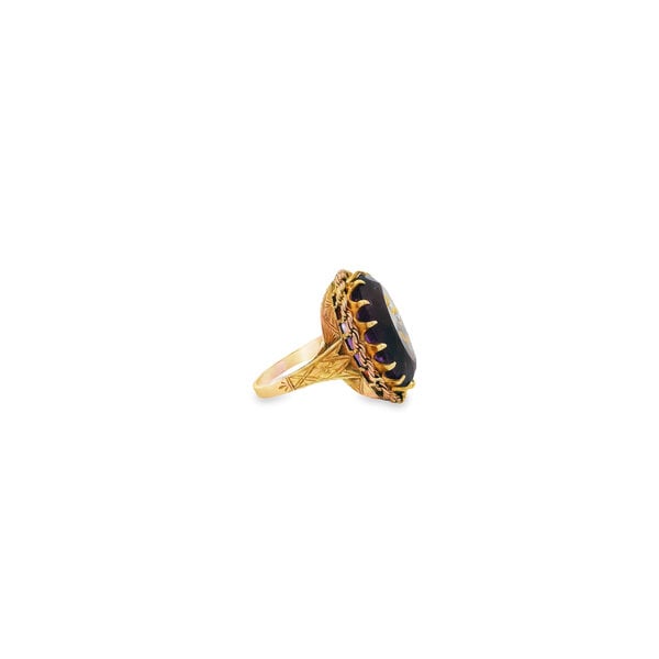 14K Yellow Gold Victorian Rose of Sharon 18ct Oval Amethyst .04ct Diamond Ring Size 6.5