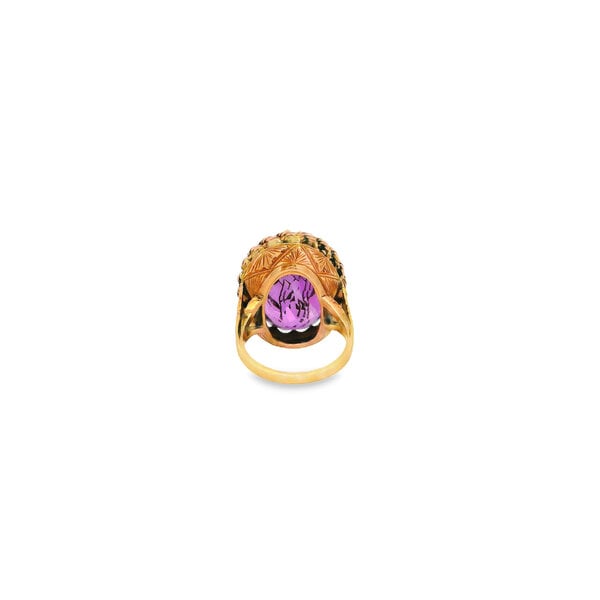 14K Yellow Gold Victorian Rose of Sharon 18ct Oval Amethyst .04ct Diamond Ring Size 6.5