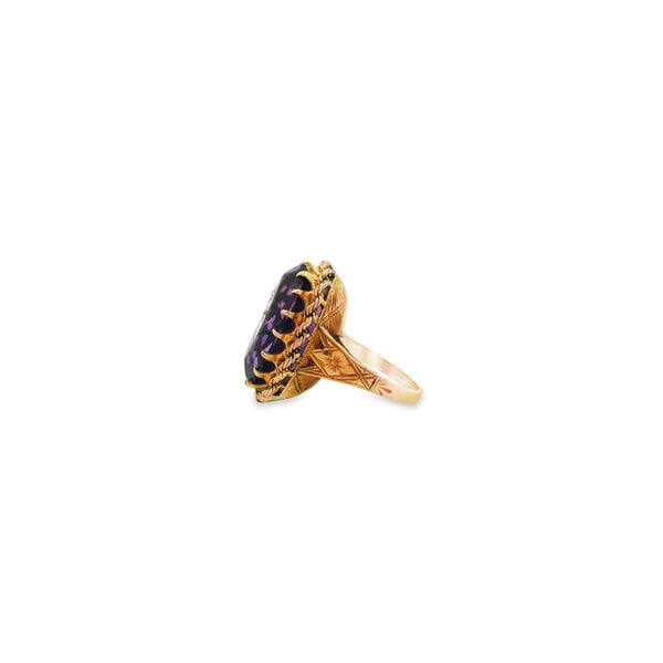 14K Yellow Gold Victorian Rose of Sharon 18ct Oval Amethyst .04ct Diamond Ring Size 6.5