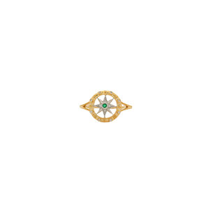 14KYW .03ct Dia and .02ct Em Compass R Sz 7