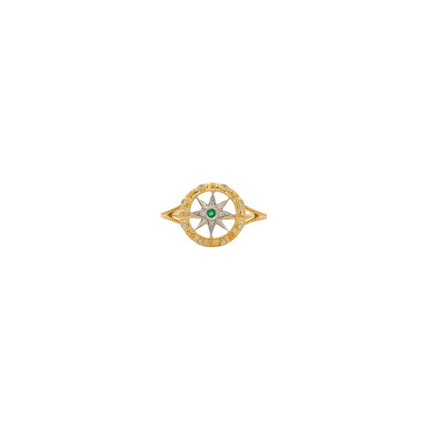 14K Yellow and White .03ct Diamond and .02ct Emerald Compass Ring Size 7