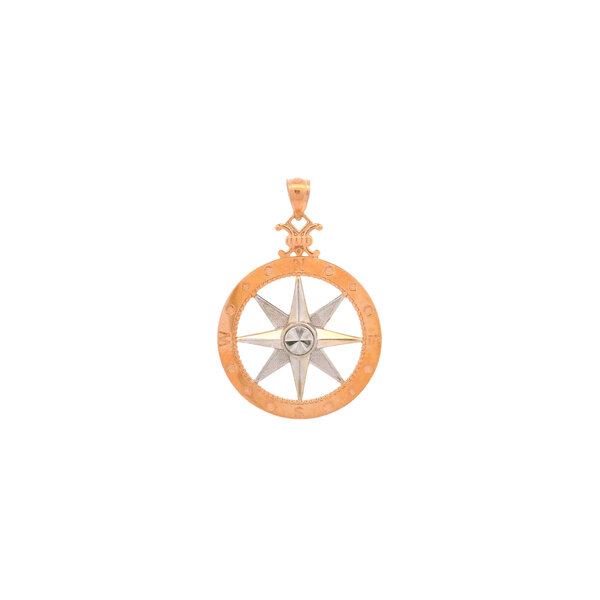 14K Rose & White Gold Diamond Cut Compass Rose Pendant