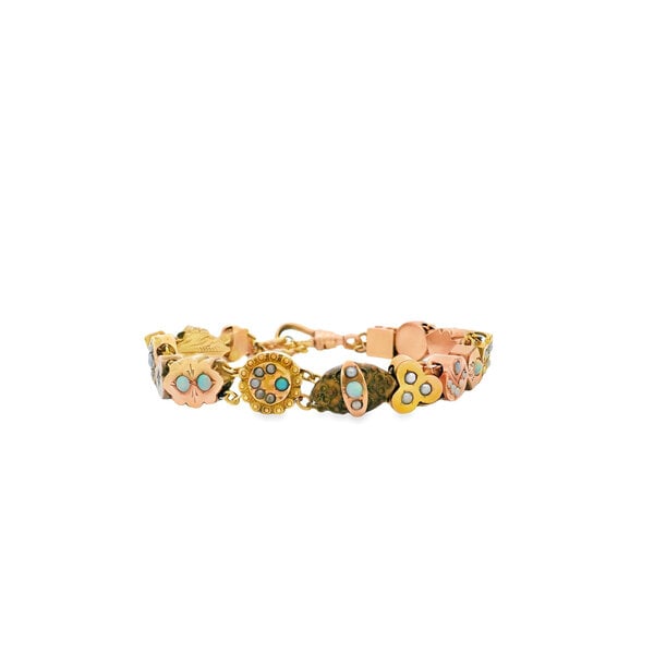 10K Yellow Gold Victorian Opal & Pearl Slider Bracelet 6.5" with Safety Chain
