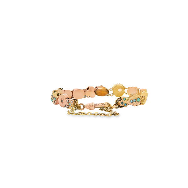 10K Yellow Gold Victorian Opal & Pearl Slider Bracelet 6.5" with Safety Chain
