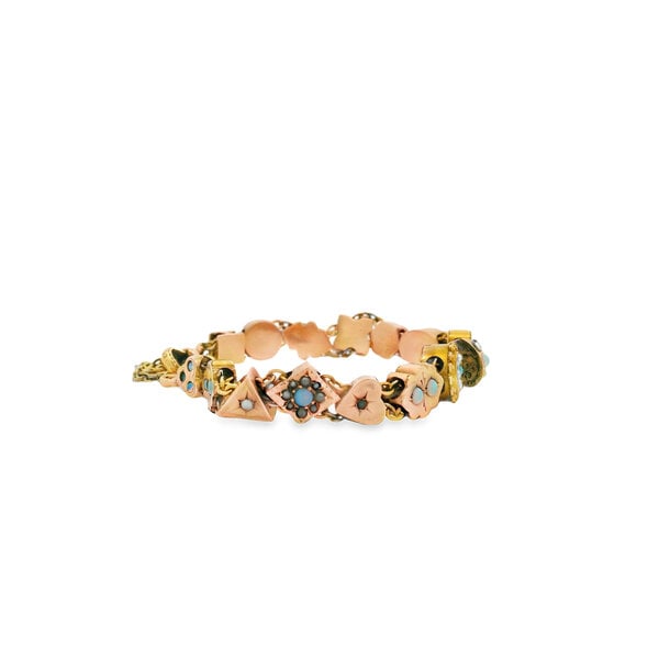 10K Yellow Gold Victorian Opal & Pearl Slider Bracelet 6.5" with Safety Chain