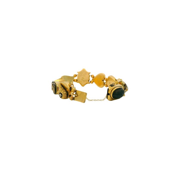 14K Yellow Gold 1950's Diamond, Ruby, Sapphire & Pearl Slider Bracelet 7.75" with Safety Chain