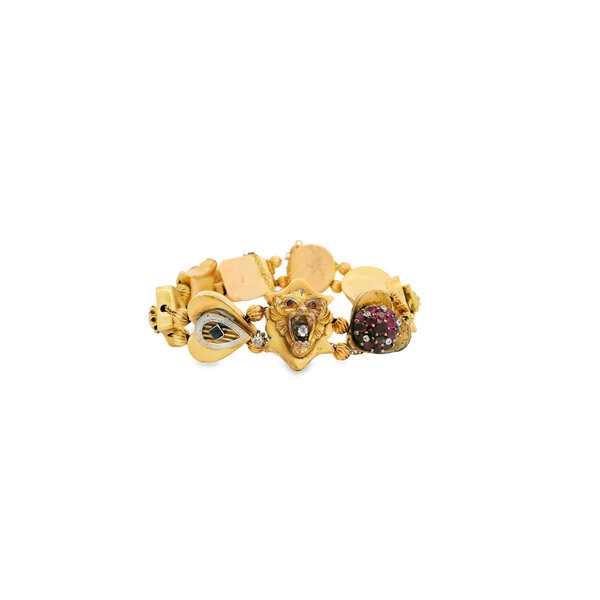 14K Yellow Gold 1950's Diamond, Ruby, Sapphire & Pearl Slider Bracelet 7.75" with Safety Chain
