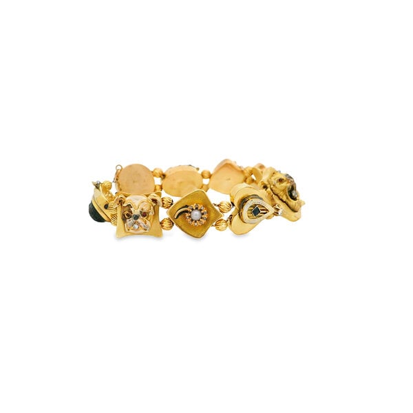 14K Yellow Gold 1950's Diamond, Ruby, Sapphire & Pearl Slider Bracelet 7.75" with Safety Chain