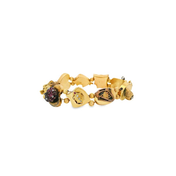 14K Yellow Gold 1950's Diamond, Ruby, Sapphire & Pearl Slider Bracelet 7.75" with Safety Chain