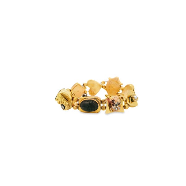 14K Yellow Gold 1950's Diamond, Ruby, Sapphire & Pearl Slider Bracelet 7.75" with Safety Chain