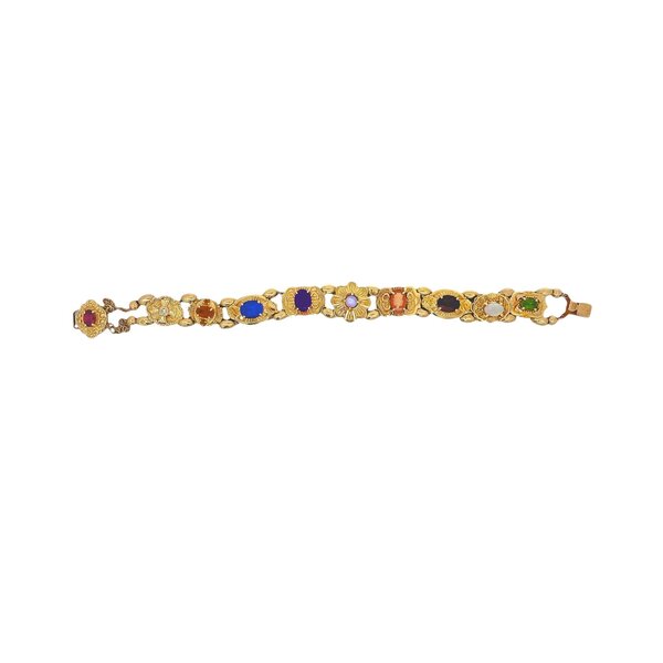 14K Yellow Gold 1980's Victorian Inspired Mixed Stone Slider Charm Bracelet 7.75"
