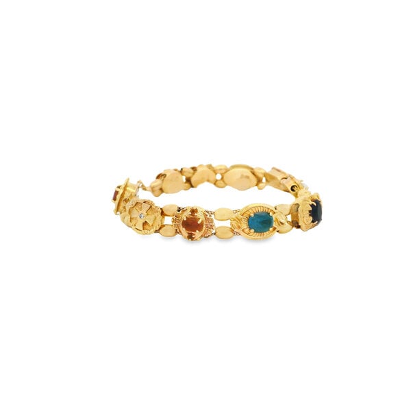 14K Yellow Gold 1980's Victorian Inspired Mixed Stone Slider Charm Bracelet 7.75"