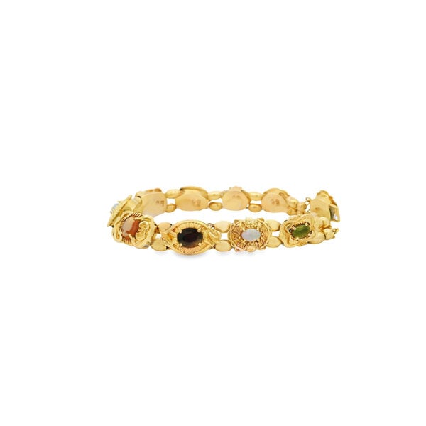 14K Yellow Gold 1980's Victorian Inspired Mixed Stone Slider Charm Bracelet 7.75"