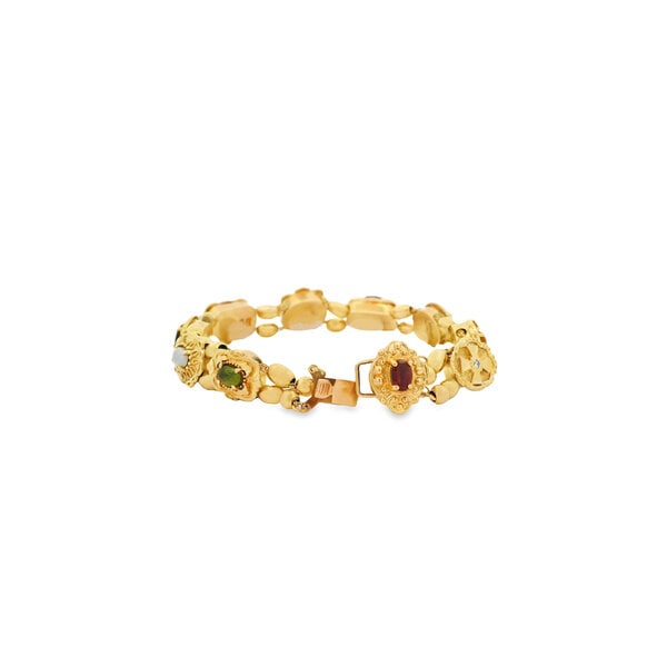 14K Yellow Gold 1980's Victorian Inspired Mixed Stone Slider Charm Bracelet 7.75"