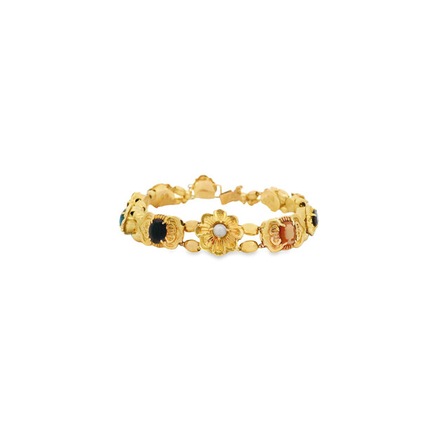 14K Yellow Gold 1980's Victorian Inspired Mixed Stone Slider Charm Bracelet 7.75"