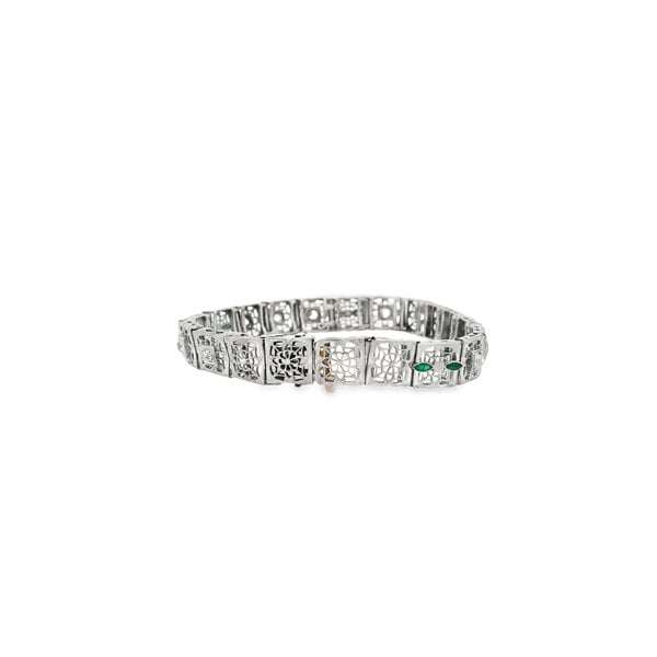 10K White Gold 1930's Art Deco Diamond & Green Glass Filigree Bracelet 7"