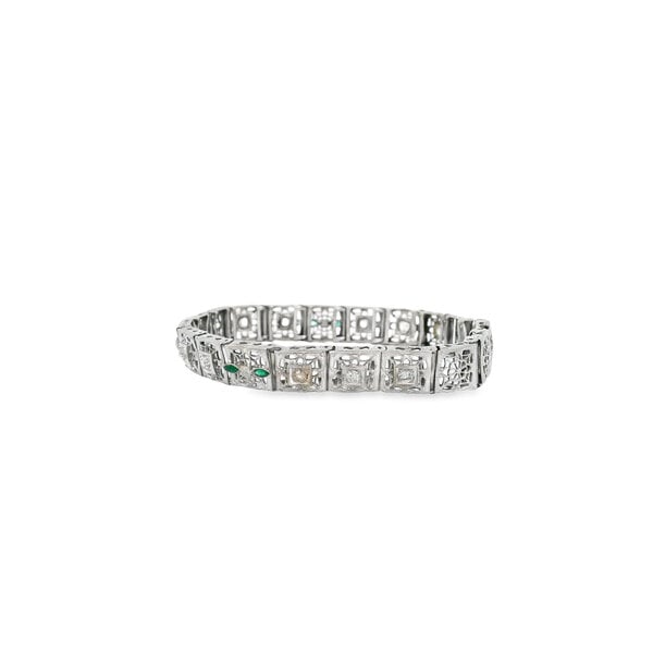 10K White Gold 1930's Art Deco Diamond & Green Glass Filigree Bracelet 7"