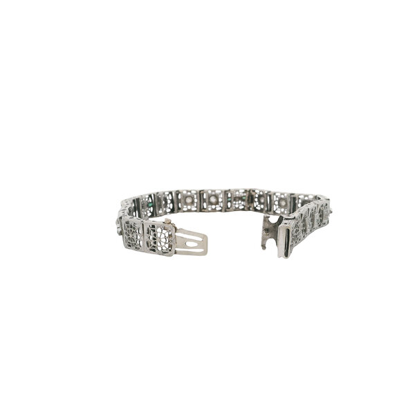 10K White Gold 1930's Art Deco Diamond & Green Glass Filigree Bracelet 7"