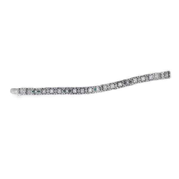10K White Gold 1930's Art Deco Diamond & Green Glass Filigree Bracelet 7"