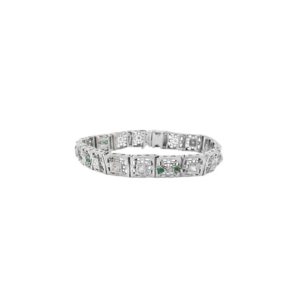 10K White Gold 1930's Art Deco Diamond & Green Glass Filigree Bracelet 7"