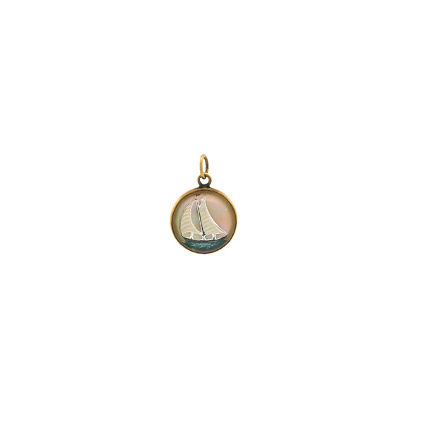 14KY Estate Mother of Pearl Glass & Enamel Sailboat Pendant 19x14mm