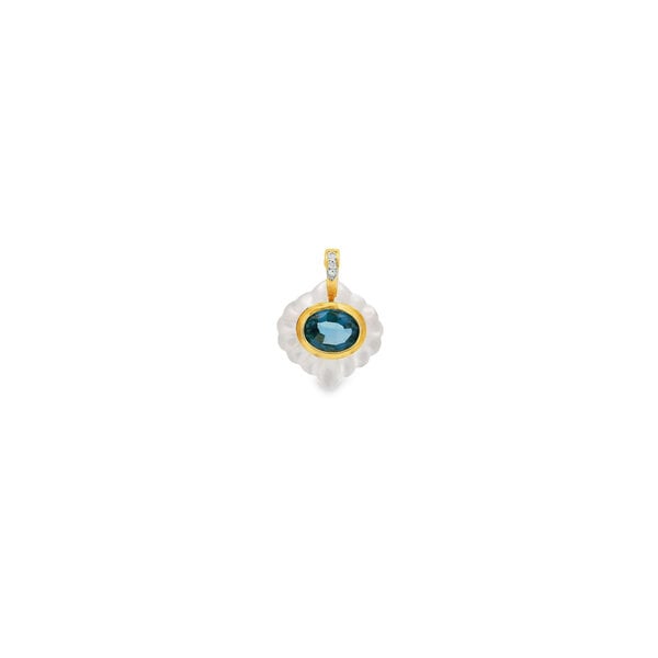 14K Yellow Gold Estate 2.05ct Oval London Blue Topaz & Mother of Pearl Scallop Pendant with Enhancer Bail