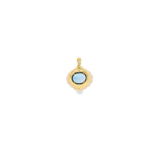 14K Yellow Gold Estate 2.05ct Oval London Blue Topaz & Mother of Pearl Scallop Pendant with Enhancer Bail