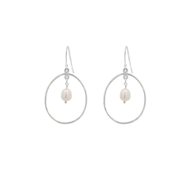 Sterling Silver Hammered Oval & 6-6.5mm Rice Pearl Dangles