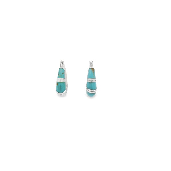 Sterling Silver 6x20mm Oval Turquoise Inlay Hoop Earrings
