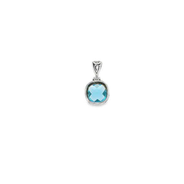 Sterling Silver Square Blue Topaz Filigree Pendant 27x15mm