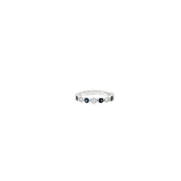 14K White Gold .22ct Diamond .36ct Sapphire Bezel Set Bubble Band Size 6.5