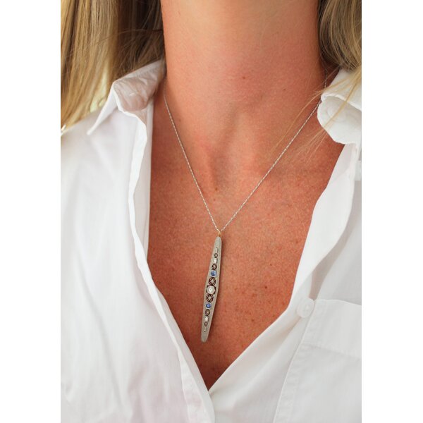 14K White Gold Art Deco 1930's .12ct Diamond & .15ct Sapphire Filigree Necklace 16"