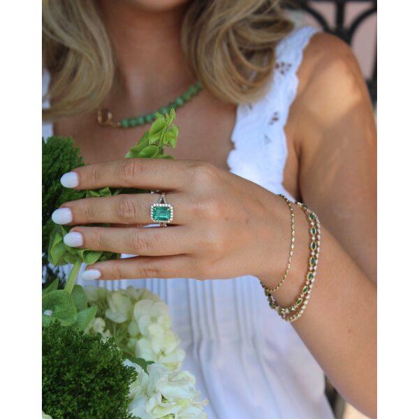 18K Yellow Gold 3.33ct Emerald Cut Emerald .56ct Diamond Ring Size 7