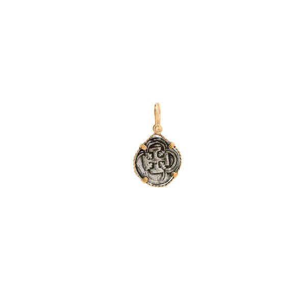 14K Yellow Gold & Authentic Silver Replica Atocha Coin Rope Bezel Pendant 31x18mm