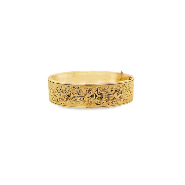 Gold Filled Victorian 16mm Enamel Etched Bangle 6.5" w Safety Chain