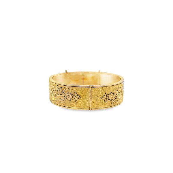 Gold Filled Victorian 16mm Enamel Etched Bangle 6.5" w Safety Chain